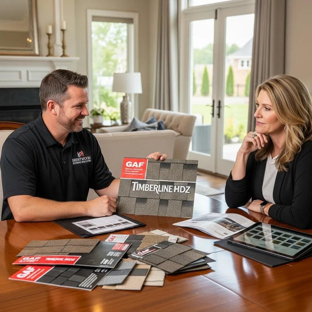 Homeowner consulting with a certified GAF roofing contractor about premium roofing options
