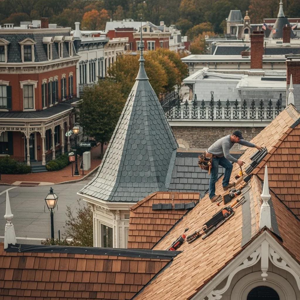 Roofer repairing a historic Victorian home in Downtown Franklin, TN with preservation-grade materials