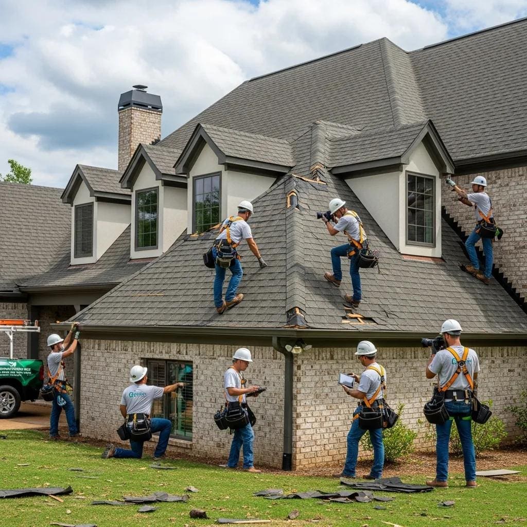 Roofing team assessing storm damage on a luxury home in Brentwood, TN