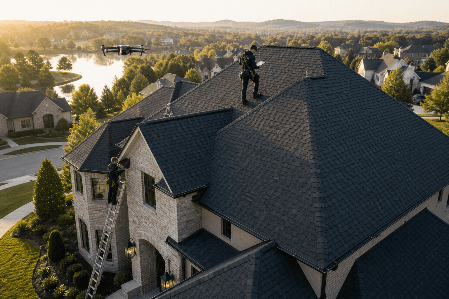 Roof inspectors on a house with a drone flying nearby